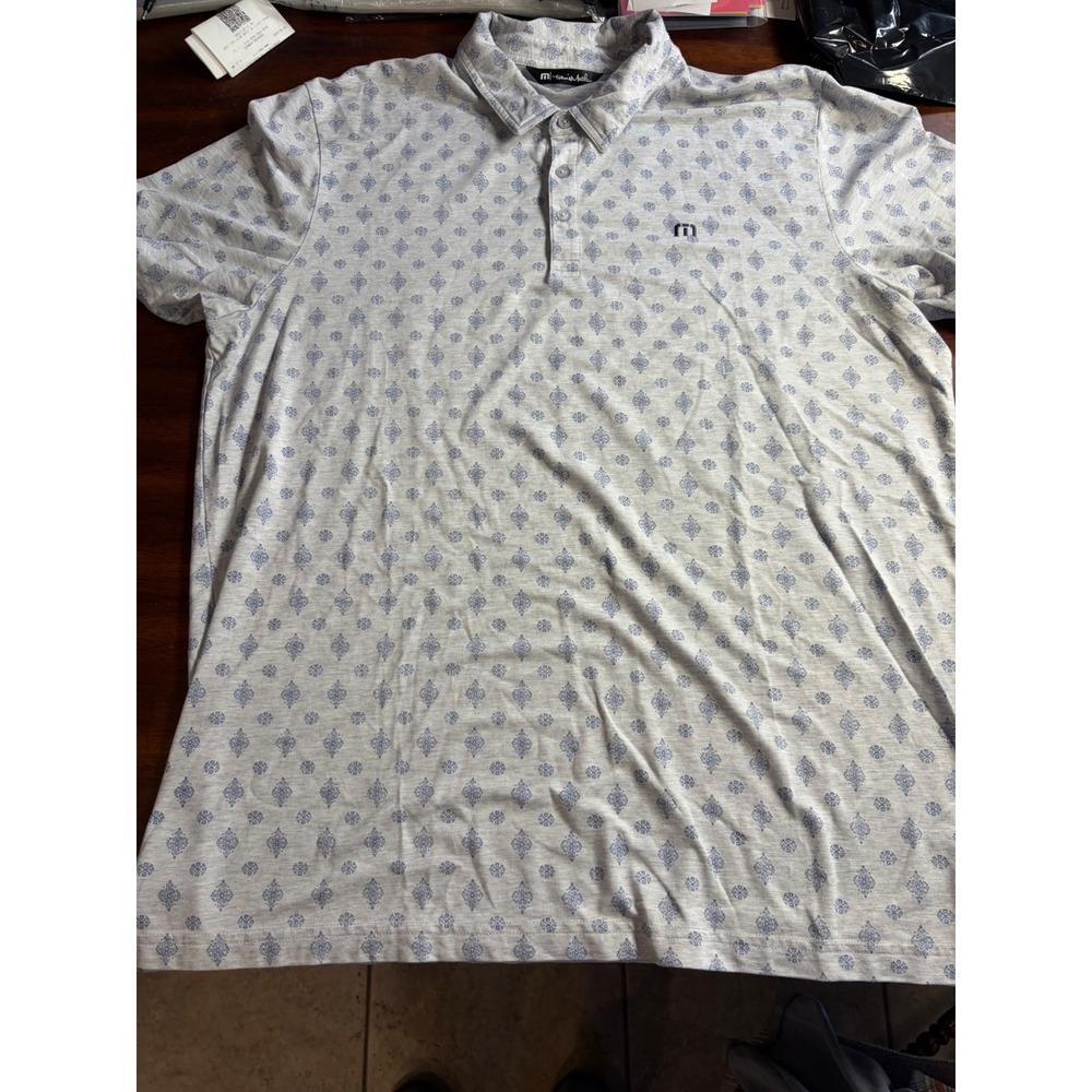 TravisMathew Mens XXL Gray Blue Medallion Print Short Sleeve Golf Polo Shirt